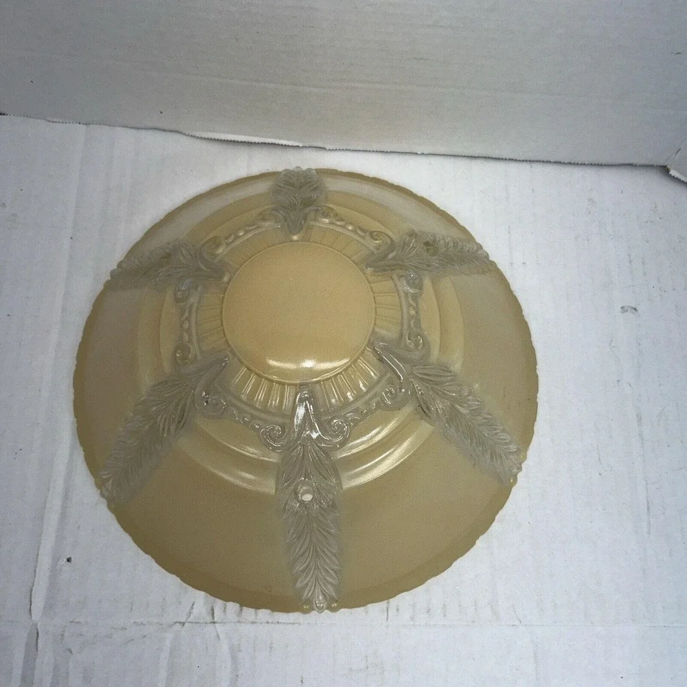 Vintage‎ Art Deco Amber Frosted Glass Ceiling Light Shade 3 Hole Feather 11.5 in